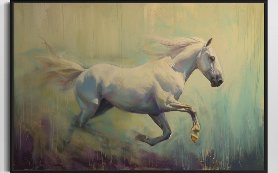 White Horse Galloping Impressionist Pastel Equestrian Art Poster - Image 5
