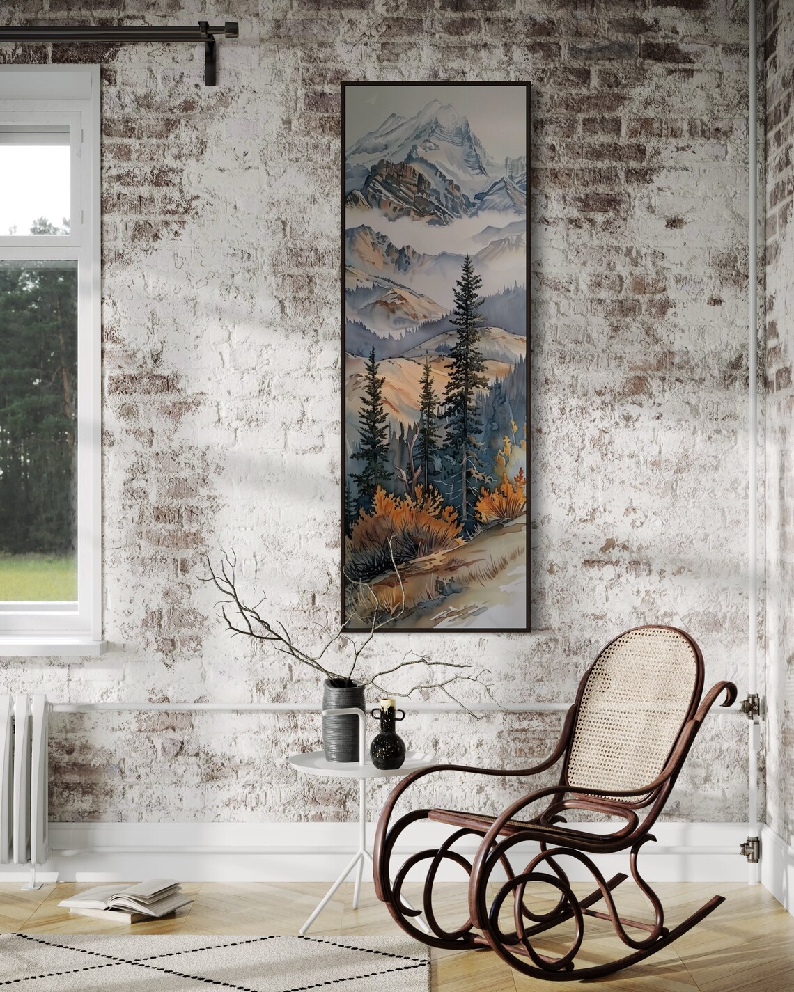 Misty Pine Forest Long Narrow Wall Art Calming Wilderness Painting Print For Atmospheric Mountain Decor - Image 3