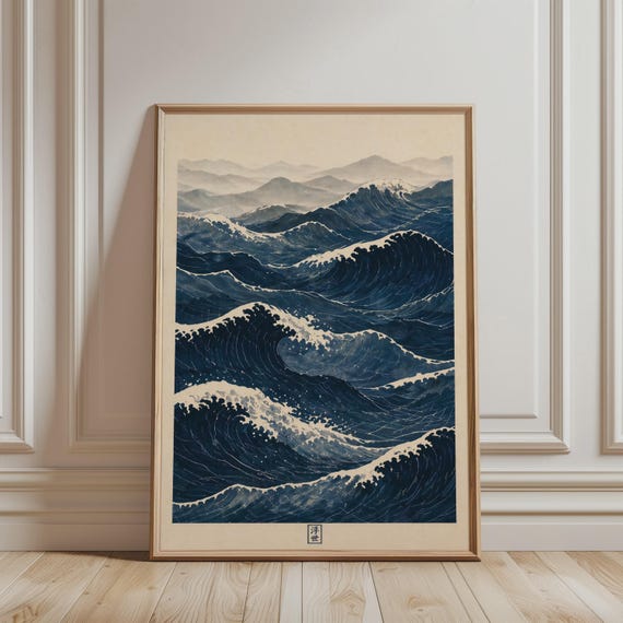 Ukiyo-e Ocean Waves, Japandi Coastal Art Print
