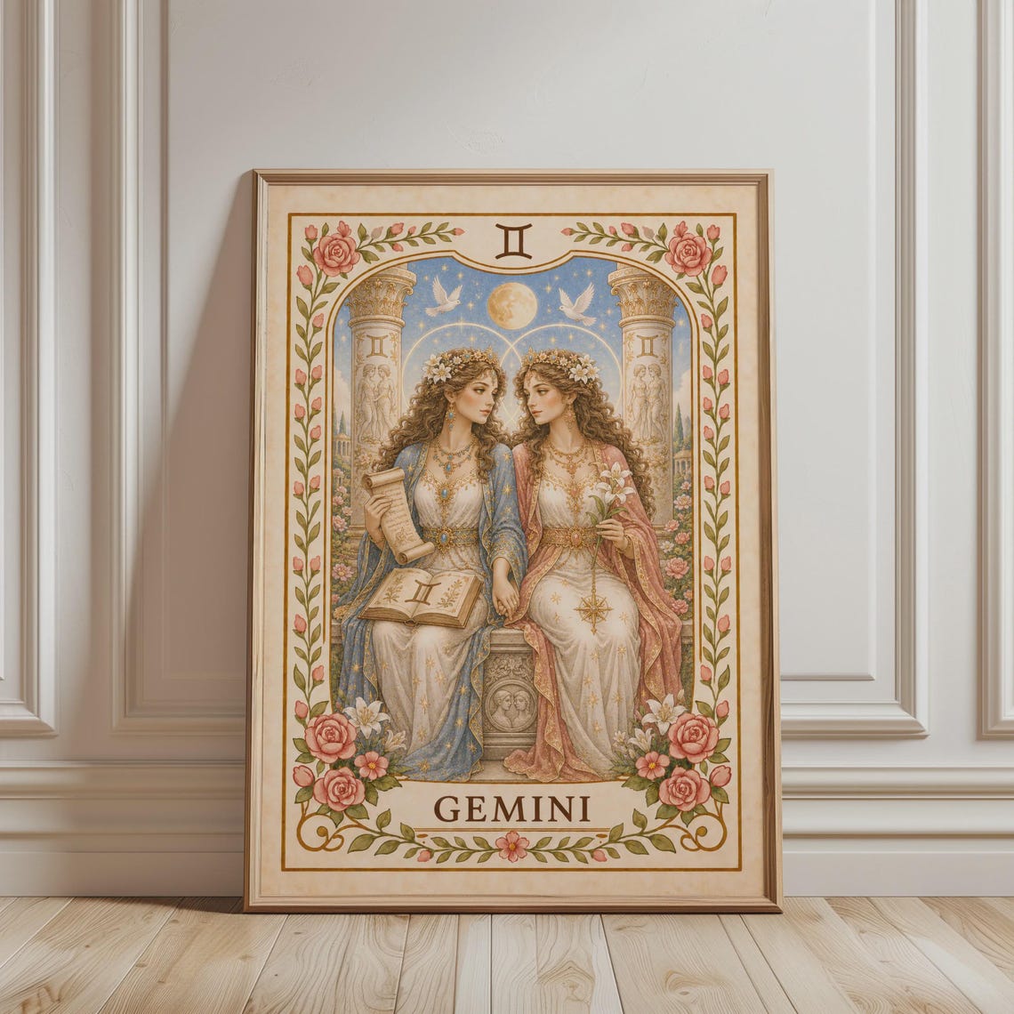 Gemini Zodiac Twin Goddess Boho Floral Vintage Astrology Poster