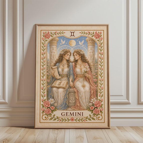 Spiritual Wall Art Gemini Zodiac Print Boho Floral Astrology Mystic Botanical Vintage Poster For Celestial Home Decor
