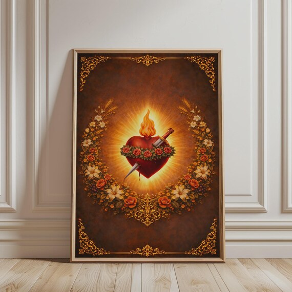 Immaculate Heart Of Mary Flaming Sacred Heart Vintage Art Poster