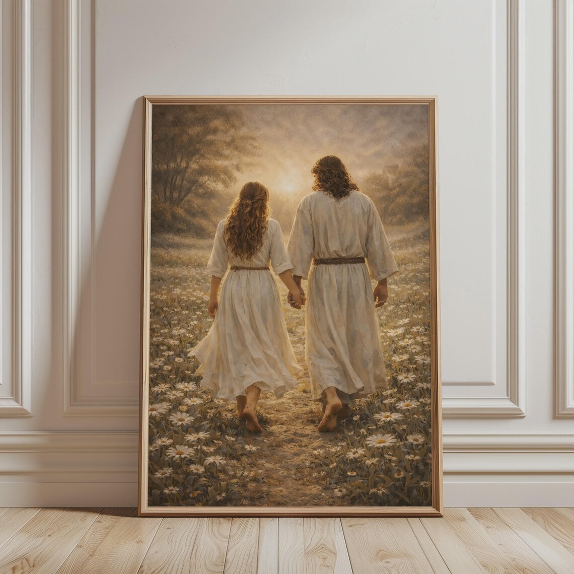 Jesus Walking With Woman Daisy Field Sunrise Hand in Hand Faith Art Poster