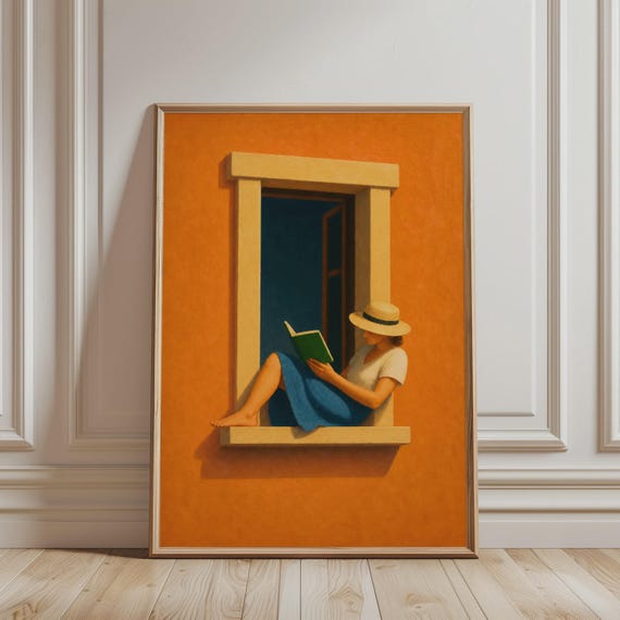 Trendy Wall Art Reading Woman In Window Print Minimalist Feminine Orange Retro Mediterranean Summer Poster For Modern Home Decor