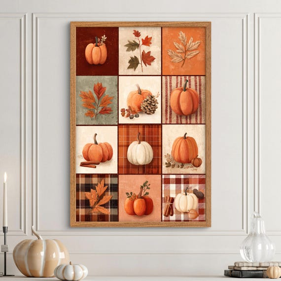 Pumpkin Wall Art Fall Autumn Plaid Print Halloween Thanksgiving Poster Retro Decor