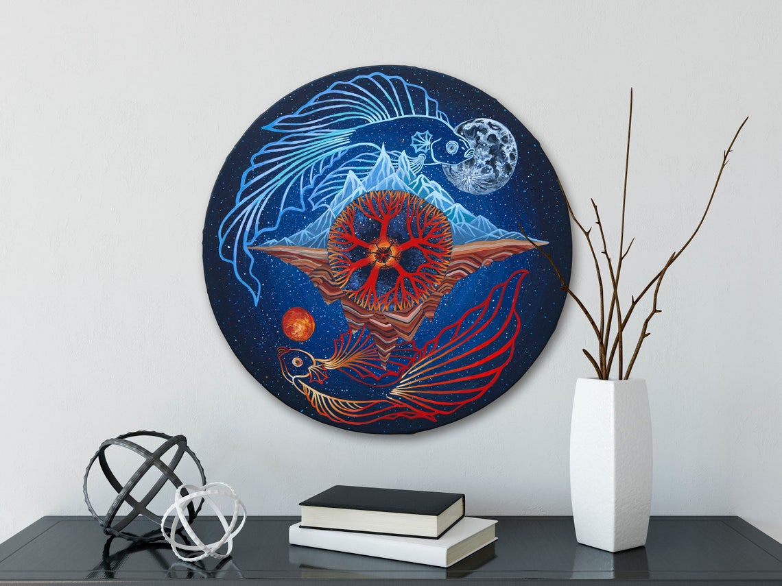 Two Cosmic Fish Circling Red Tree Of Life Under Moon Mandala Poster - Image 2