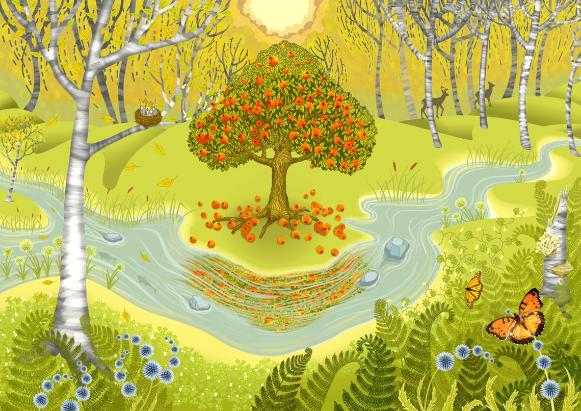 Sunny Autumn Birch Forest With Berry Tree And River Landscape Poster - Image 2