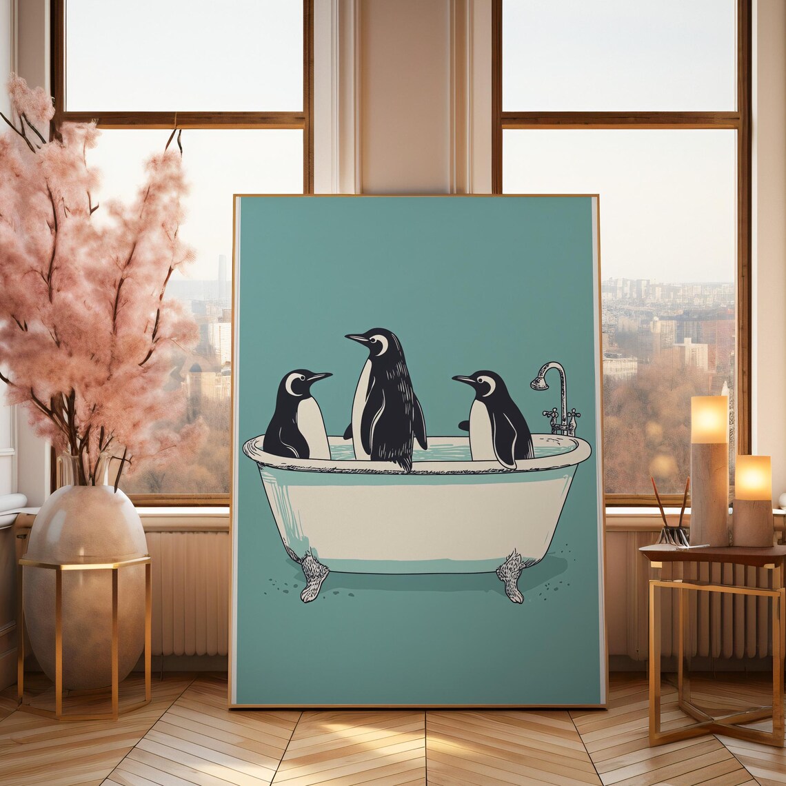 Gentoo Penguins In Clawfoot Bathtub Teal Bathroom Funny Poster
