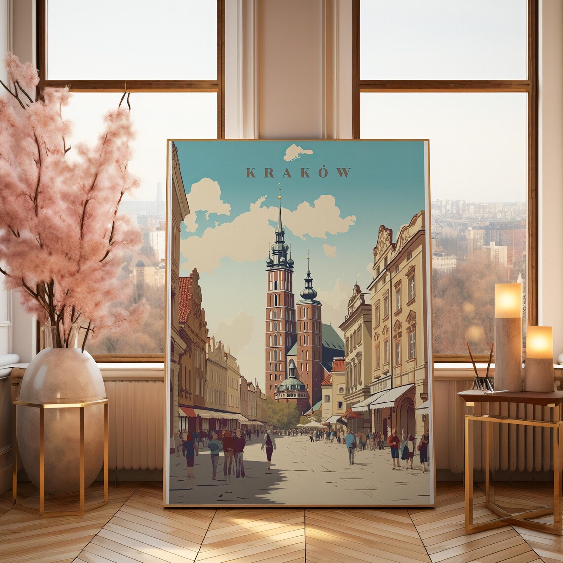 Krakow Main Square Vintage Travel Poland Old Town Scene Poster