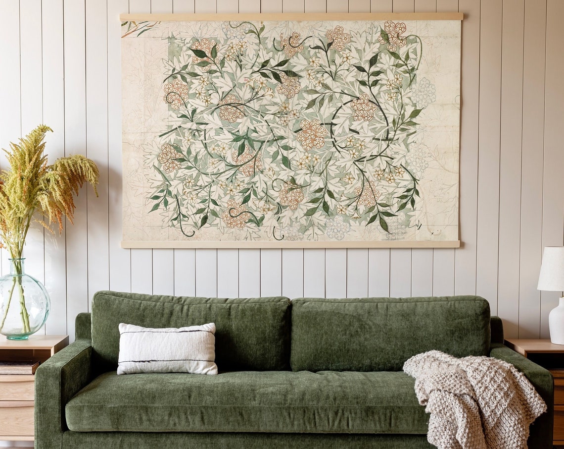 Cream Green Floral Botanical Pattern Vintage Textile Art Poster - Image 3