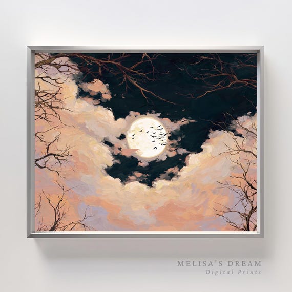 Moon Wall Art Full And Clouds Painting Celestial Night Sky Mystical Twilight Cloudscape Print