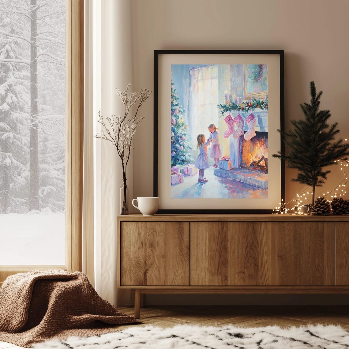 Children by Christmas Fireplace With Tree Cozy Holiday Art Poster - Image 2