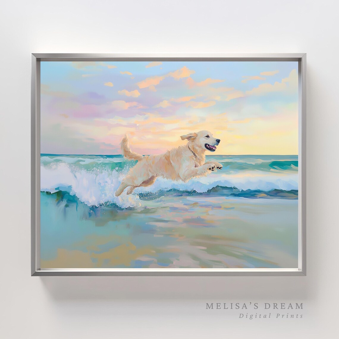 Golden Retriever Beach Watercolor Print, Coastal Pet Decor