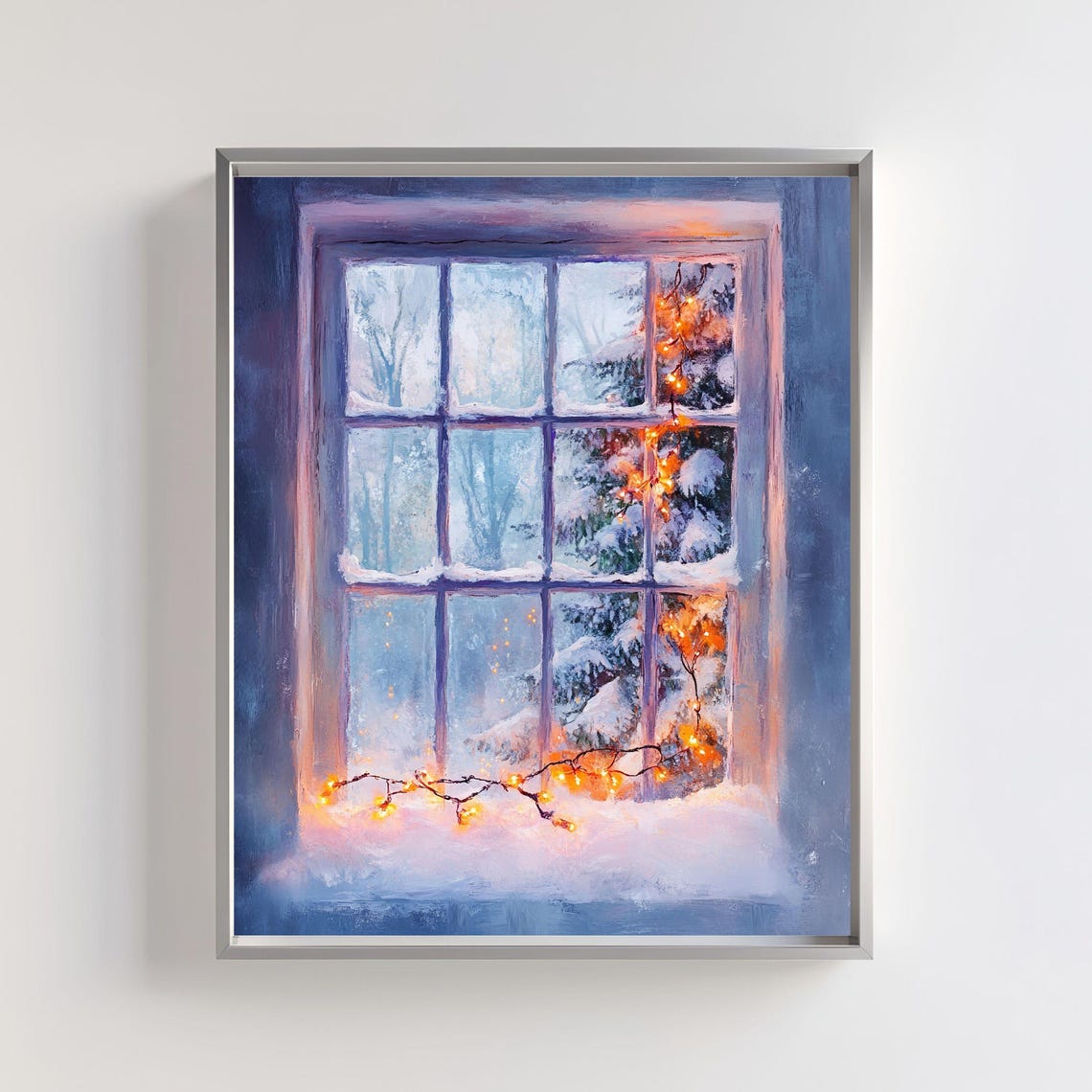 Snowy Window With Twinkling String Lights Cozy Christmas Winter Print