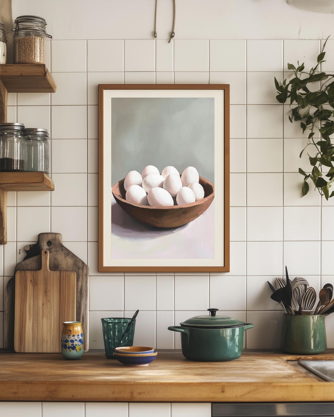 Simple Wooden Bowl Of White Eggs Neutral Rustic Kitchen Art Poster - Image 3