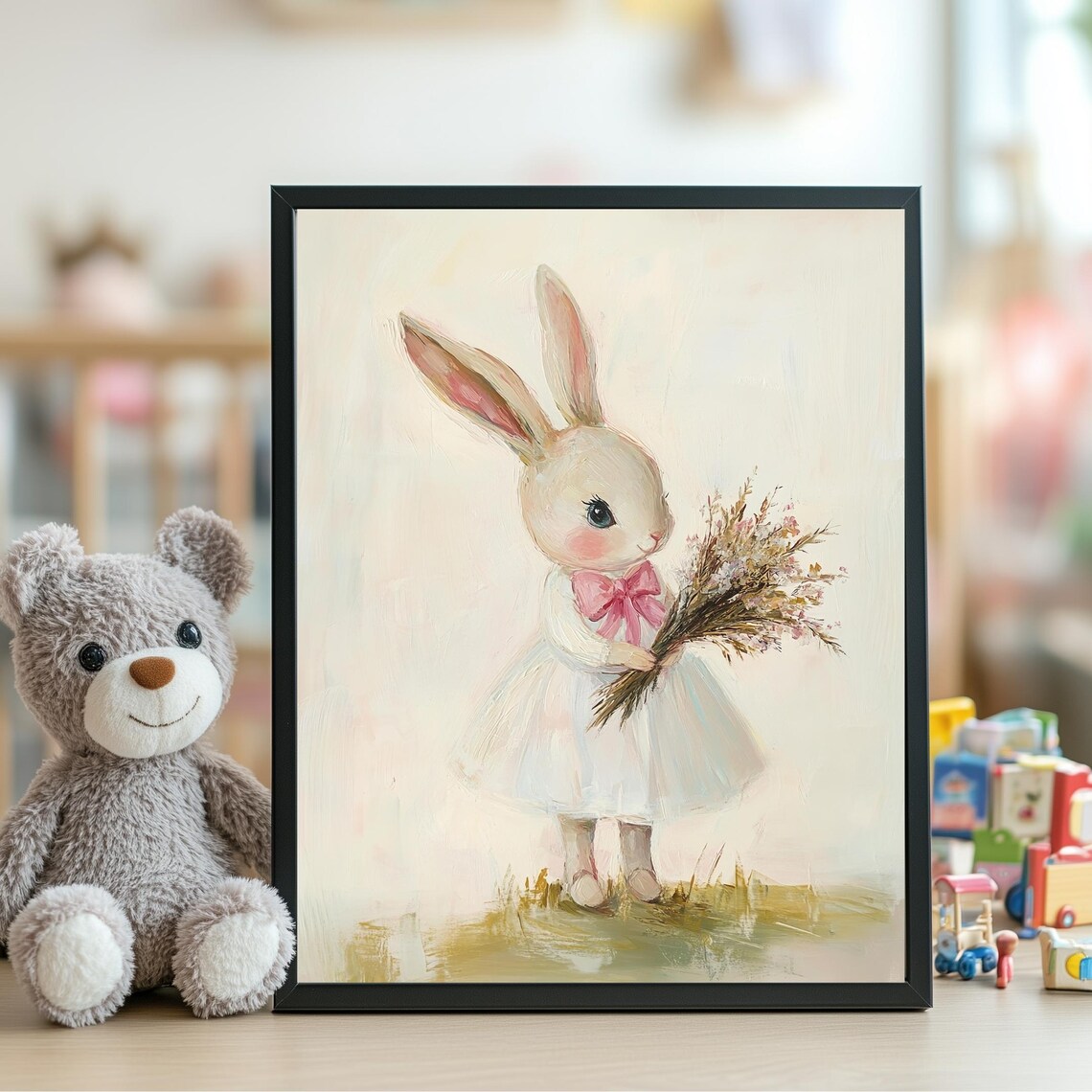 Sweet Bunny Girl in White Dress Holding Flower Bouquet Nursery Poster - Image 5