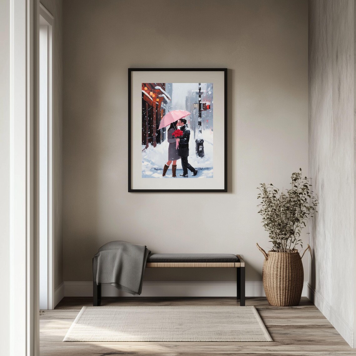 Romantic Winter Couple Kissing In Snow, Art Print - Image 2