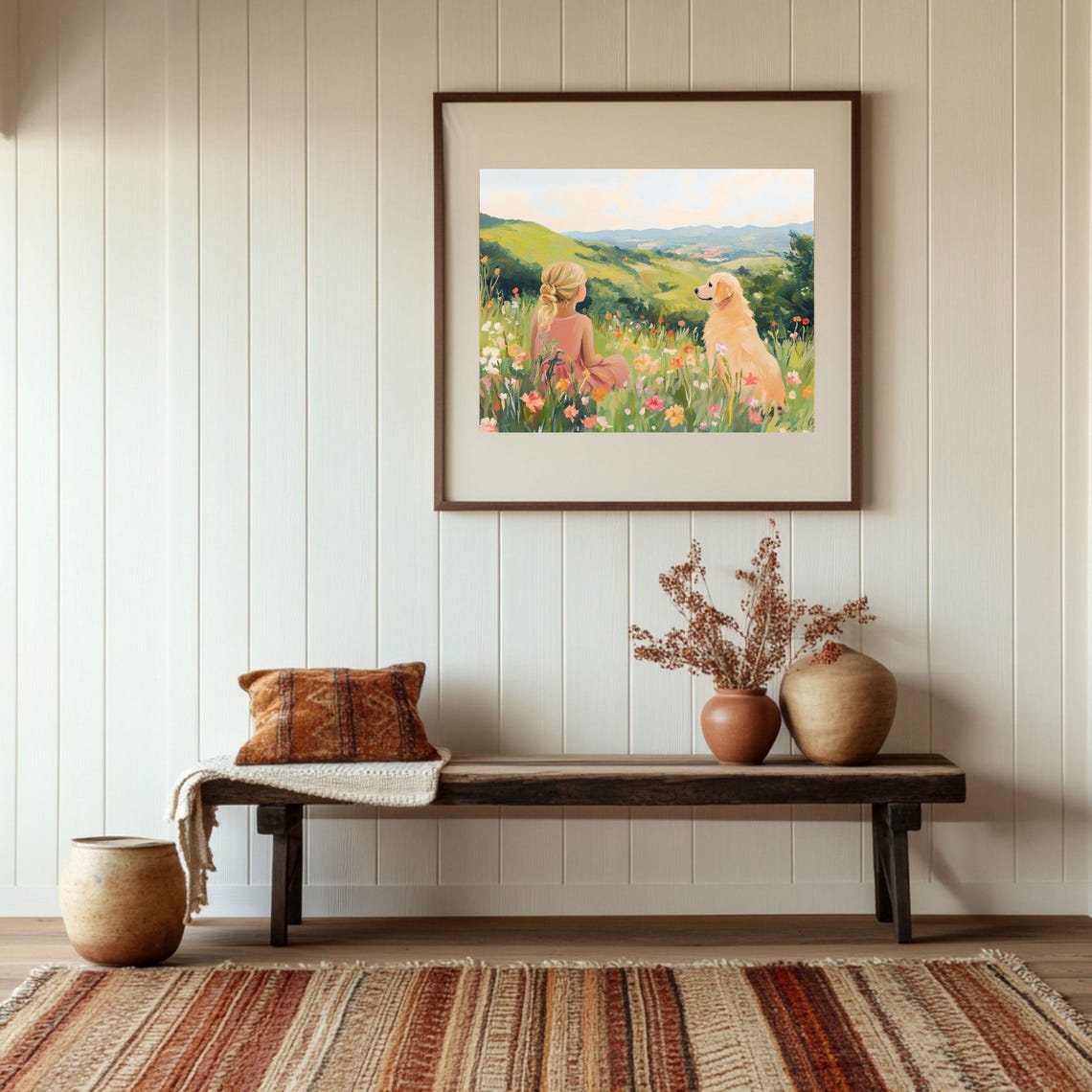 Girl And Dog In Flower Field Painting Whimsical Heaven Girly Art Countryside Colorful Wildflower Artwork Bright Retro Poster - Image 3