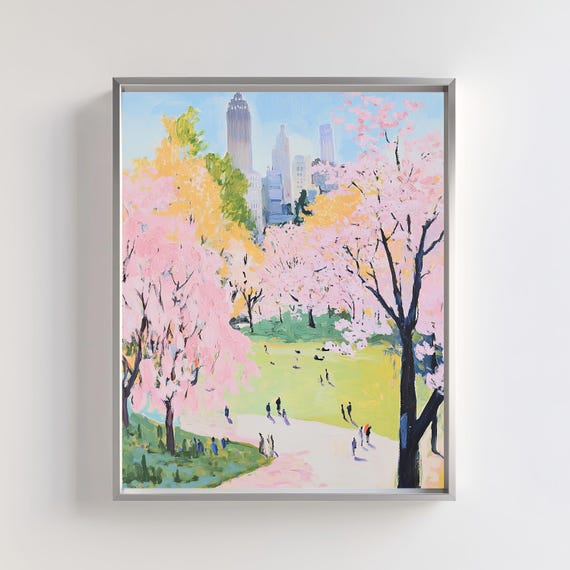 Cherry Blossom Central Park Wall Art Spring Cityscape Decor Pink Blossom Trees Nature Art For Home New York Artwork