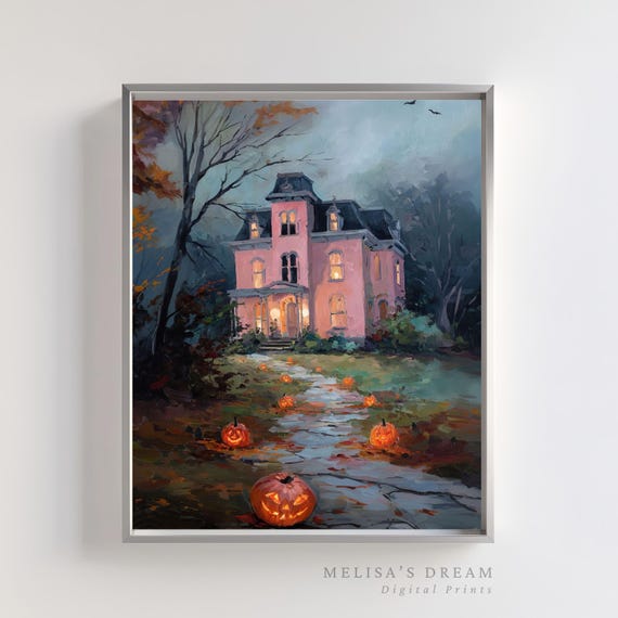 Haunted House Halloween Wall Art Gothic Victorian Mansion With Jack O Lantern Pathway Spooky Autumn Night
