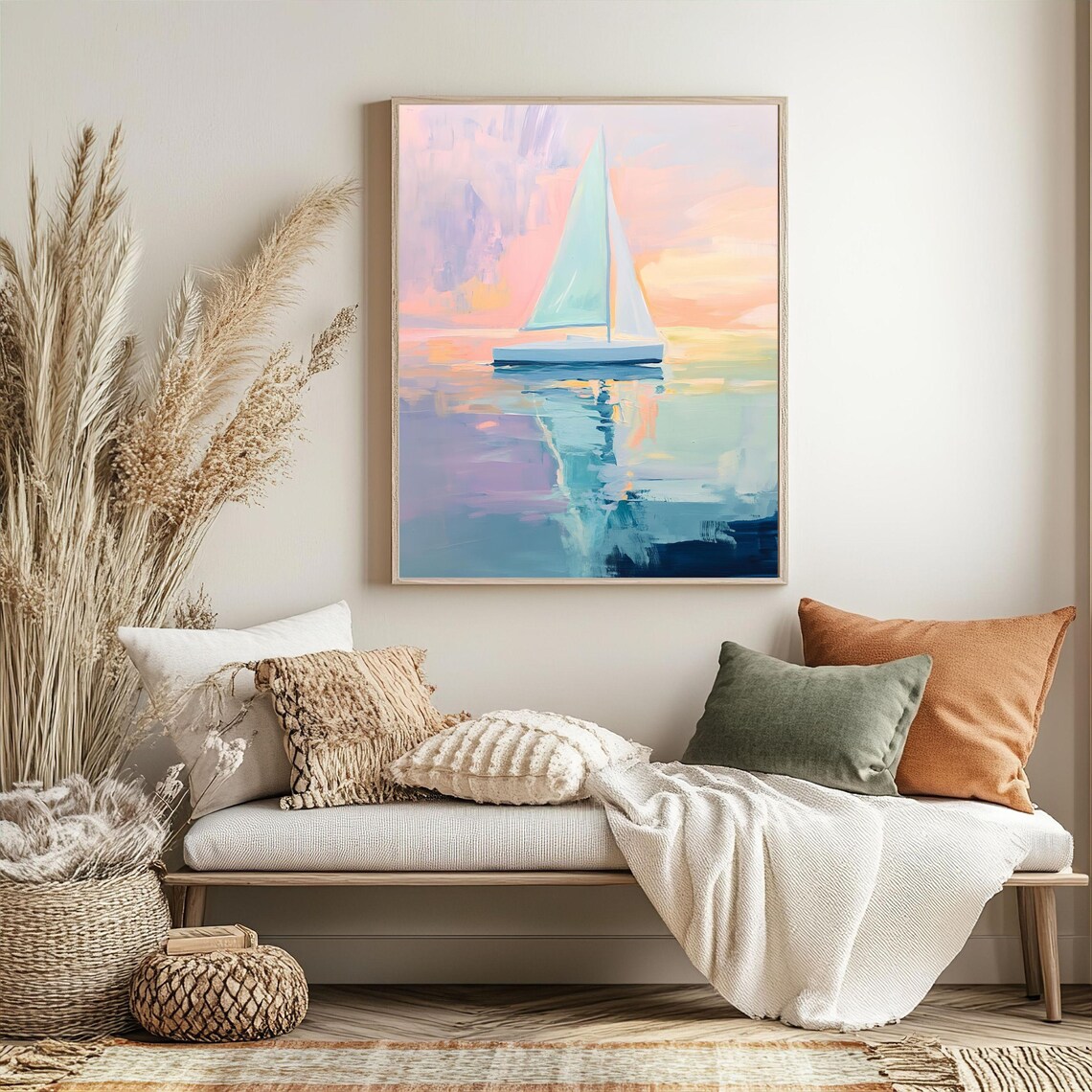 Abstract Ocean Paint Pastel Sailboat, Coastal Art - Image 2