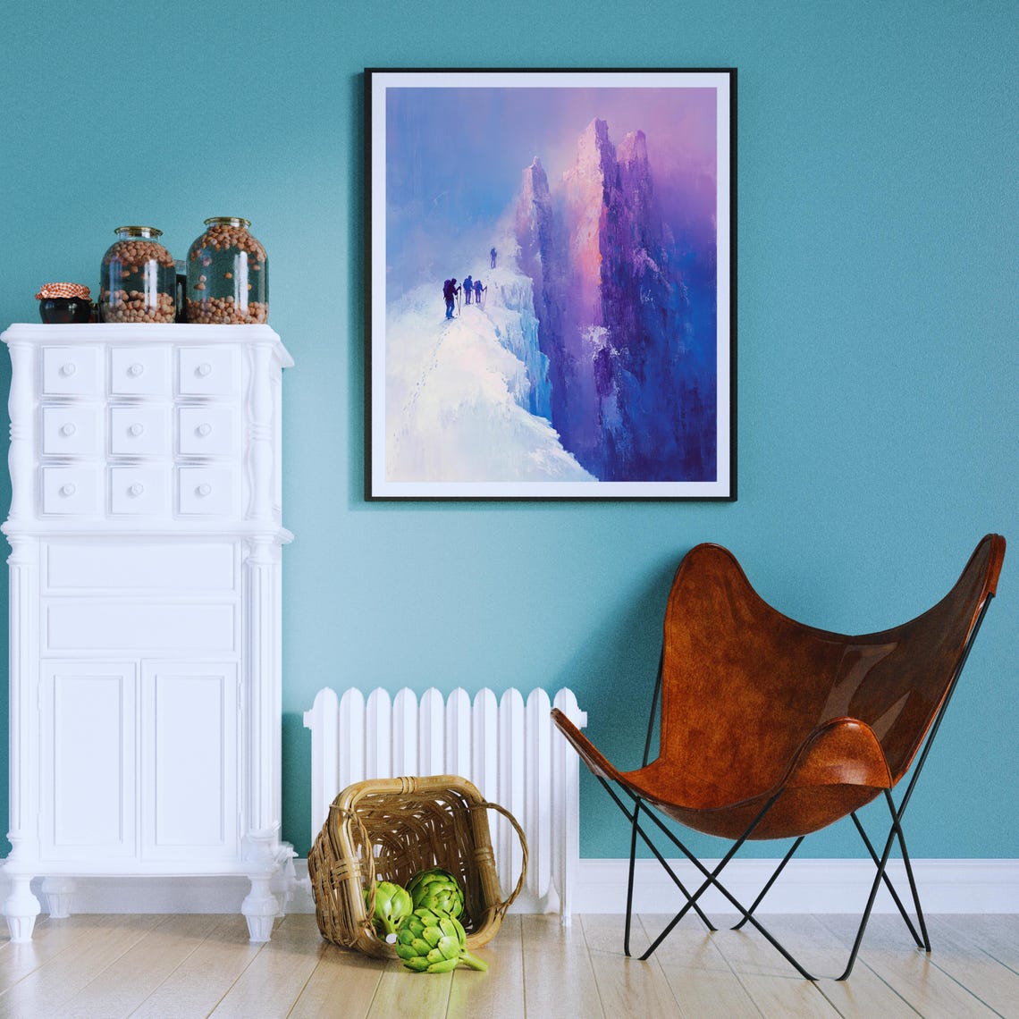 Mountain Hiking And Climbing Print Winter Adventure Scene Extreme Sports Decor Snowy Landscape Wall Art Snowy Cliff Abstract Artwork - Image 3
