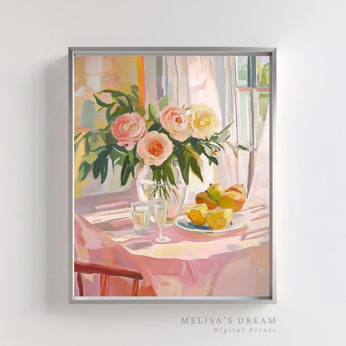Pink Roses and Lemons Sunlit Table Floral Still Life Poster Art