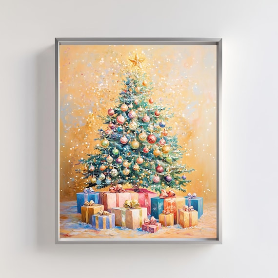 Golden Christmas Tree With Star And Gifts Ornaments Art Poster