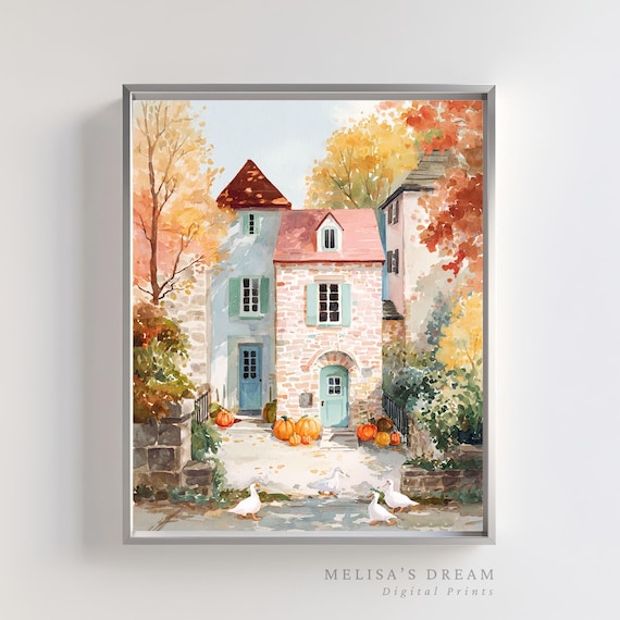 Watercolor Autumn Cottage Print Rustic Farmhouse Pumpkin Landscape