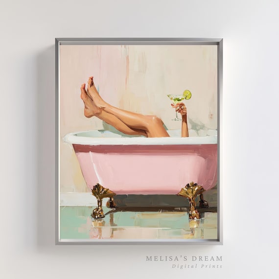 Pink Clawfoot Bathtub Art Print, Vintage Glam Decor