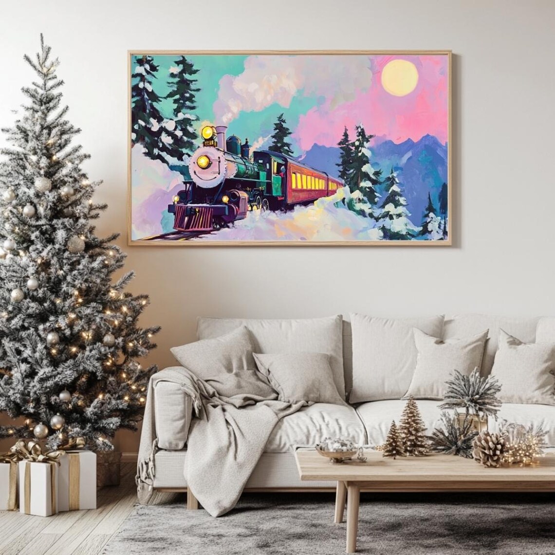 Christmas Steam Train In Snowy Mountains At Sunrise Holiday Poster - Image 3