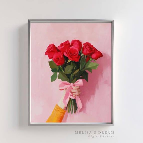 Romantic Red Roses Print Valentines Day Floral Wall Art Pink Flower Painting Botanical Bouquet Decor Love Gift