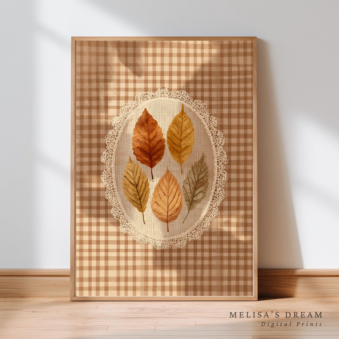Autumn Leaf Gingham Print, Rustic Fall Botanical Art