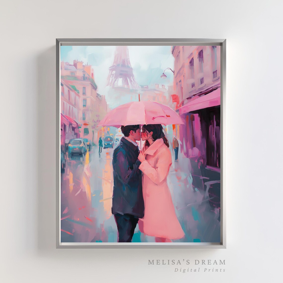 Romantic Paris Couple Kissing In Rain, Love Scene Art Print