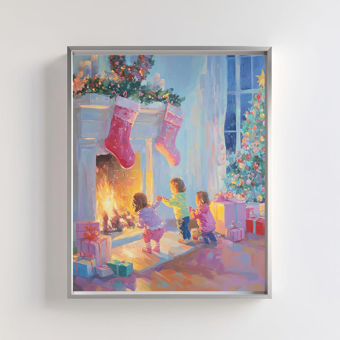 Children Waiting for Santa by Fireplace Cozy Christmas Eve Art Poster