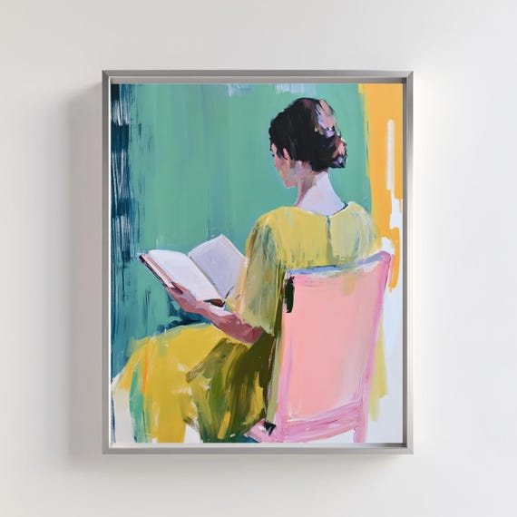 Abstract Woman Reading, Minimalist Yellow Dress Art Print