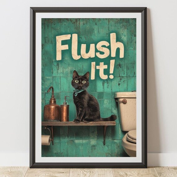 Funny Black Cat Toilet Print Quirky Restroom Wall Art