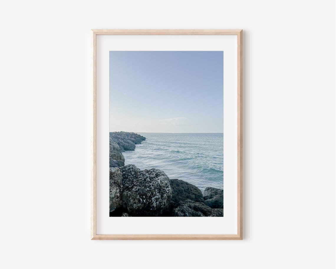 Rocky Jetty Ocean Waves Minimalist Coastal Photography Print