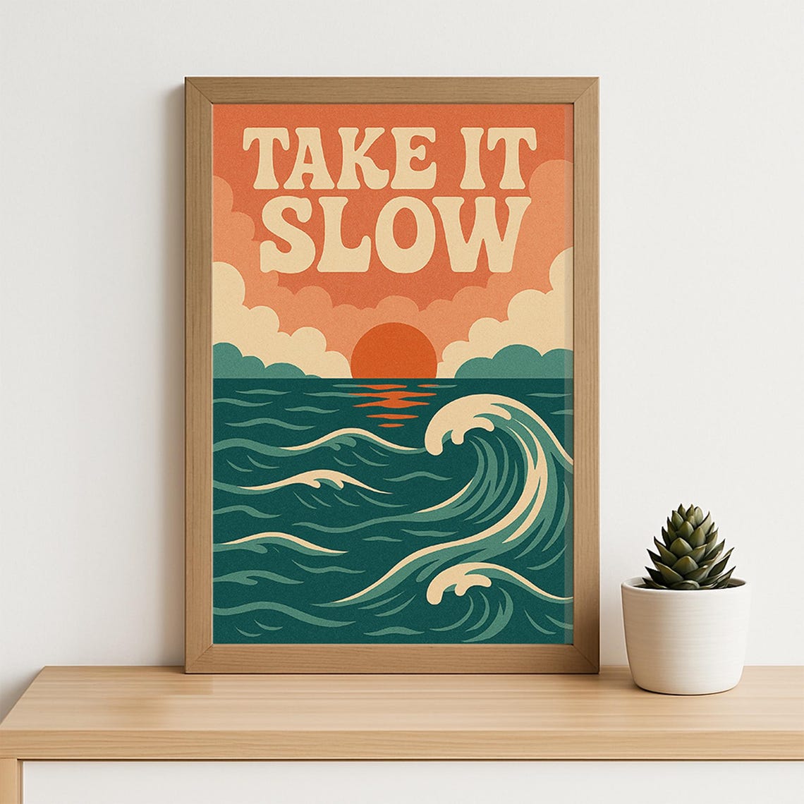 Take It Slow Retro Ocean Sunset Waves Beach Coastal Quote Poster