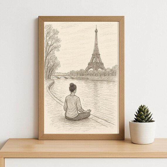 Paris Woman Meditating Seine Eiffel Tower Pencil Sketch Wall Art