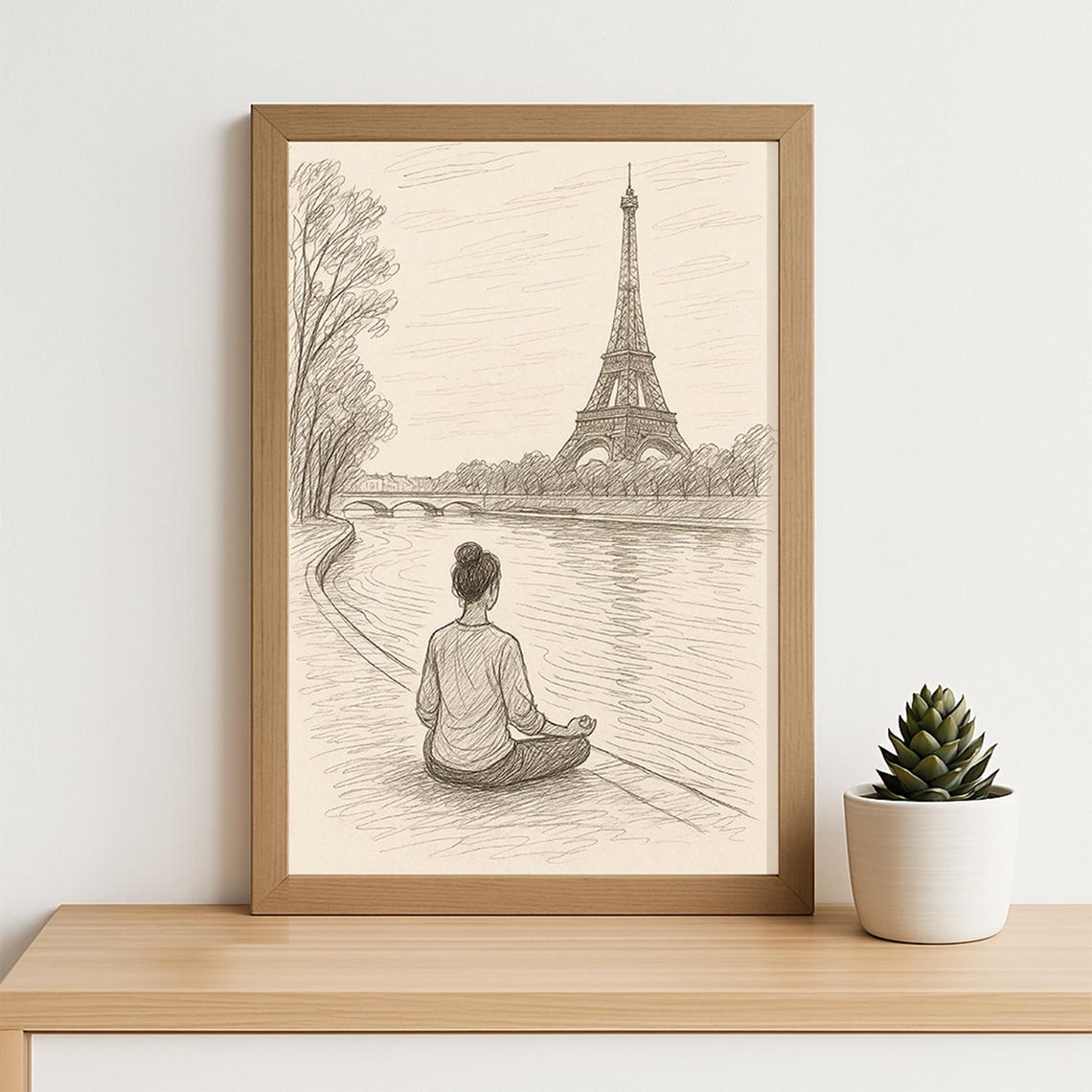 Paris Woman Meditating Seine Eiffel Tower Pencil Sketch Wall Art