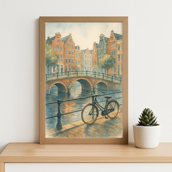 Amsterdam Canal Watercolor Bicycle Brick Bridge Dutch City Poster