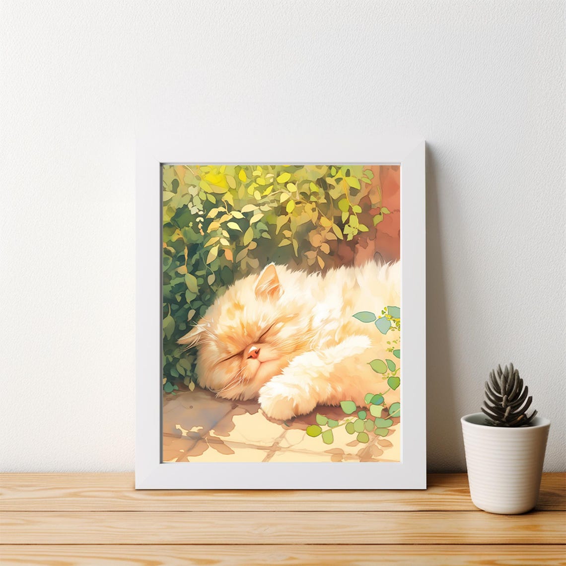 Fluffy White Cat Napping in Sunlight Watercolor Animal Poster - Image 4