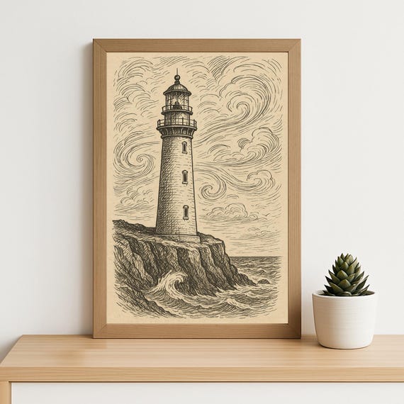 Vintage Lighthouse Line Drawing Print Coastal Nautical Wall Art For Ocean Home Beach Decor Or Maritime Gallery
