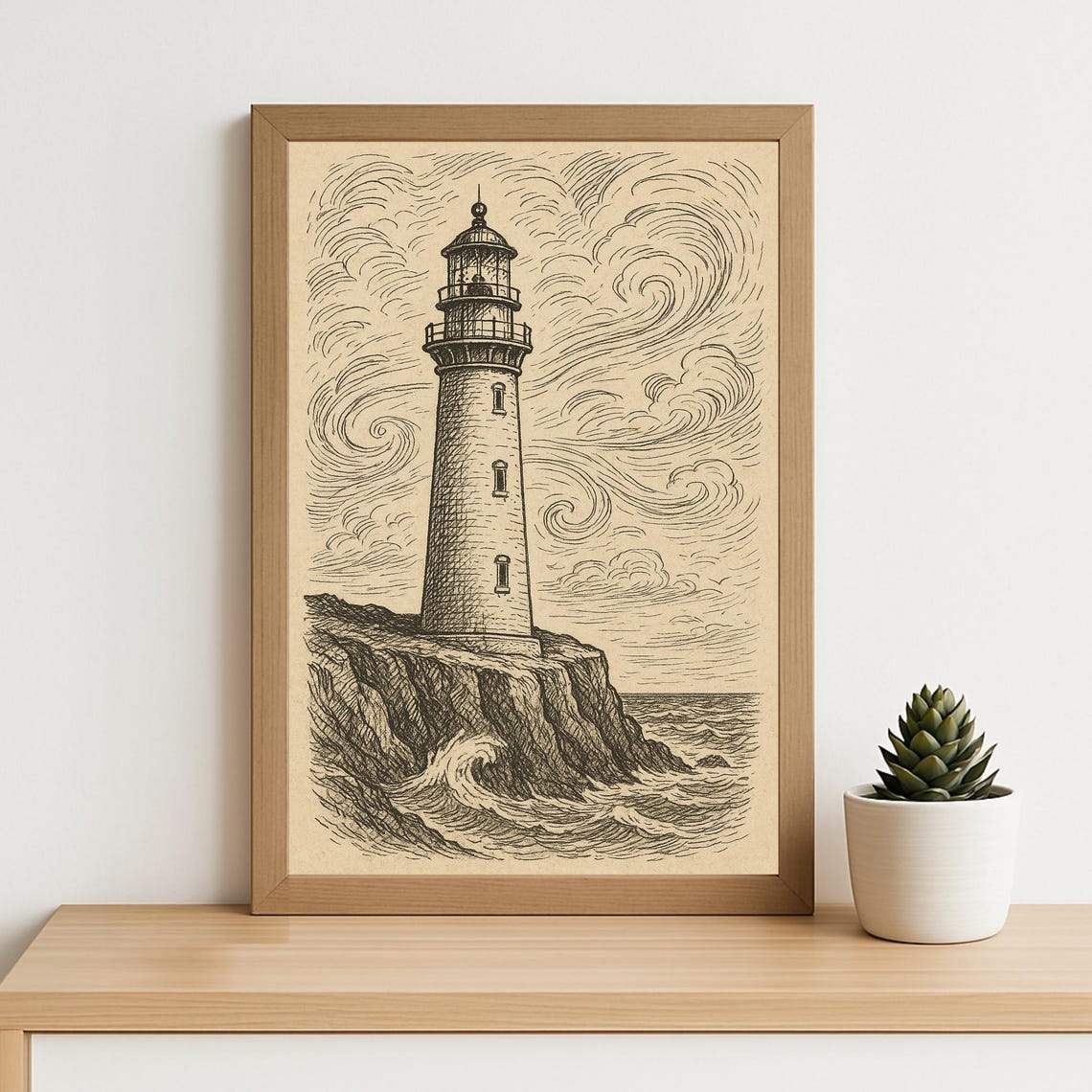Vintage Lighthouse on Rocky Cliff Engraving Style Art Poster
