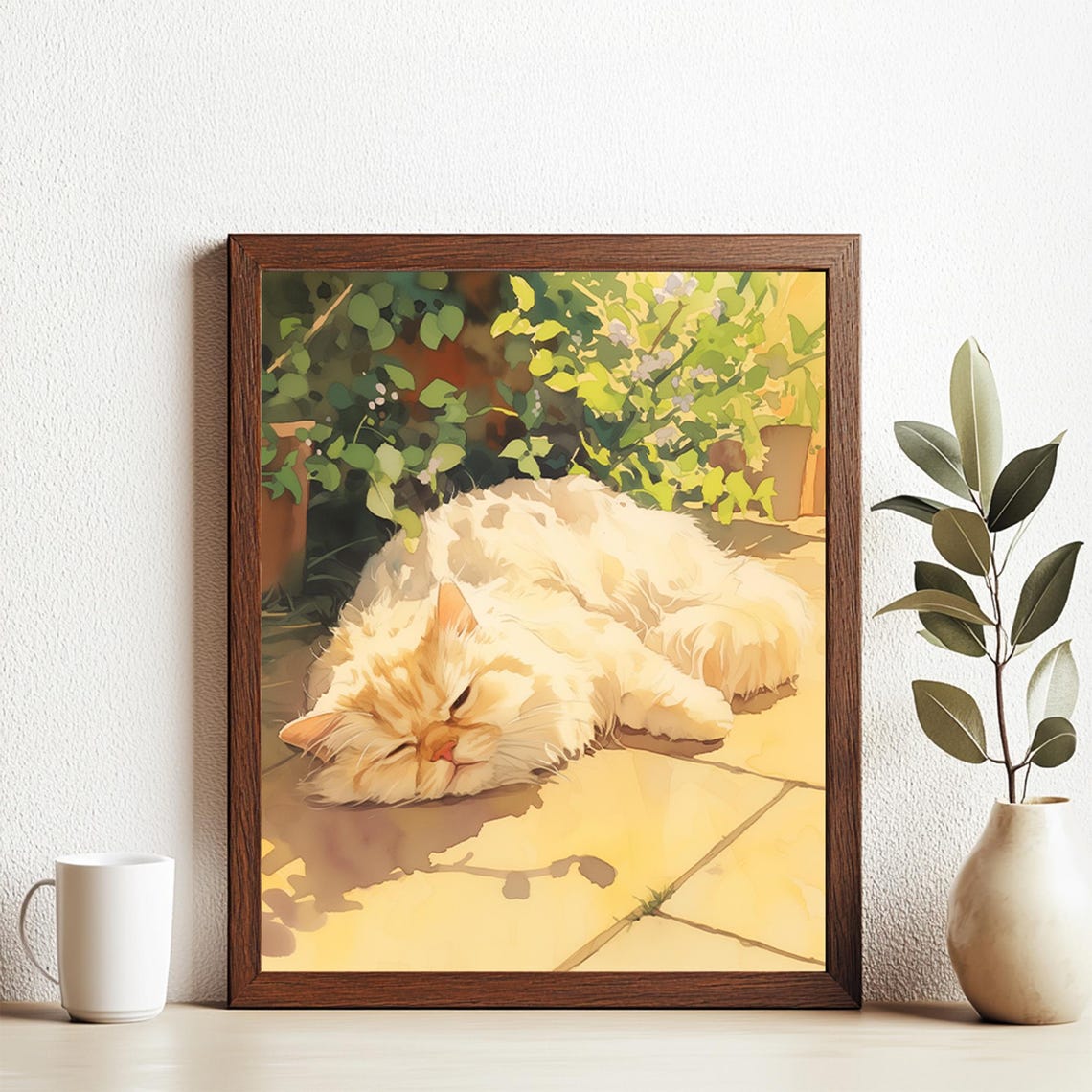 Sleeping Fluffy White Cat Sunlit Garden Watercolor Pet Wall Art