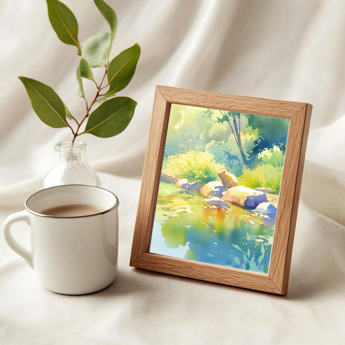 Capybara Pond Rocks Watercolor Wildlife Nature Animal Art Poster - Image 4