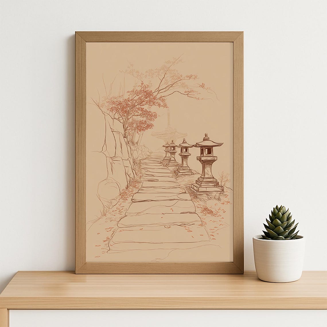 Japanese Stone Path Lanterns Cherry Blossom Temple Walk Art Poster - Image 4