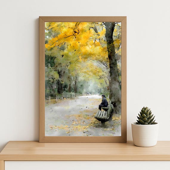 Autumn Forest Bench Watercolor Print Solitary Figure Sitting Under Trees In Fall Park Scene Painting For Cozy Home Decor