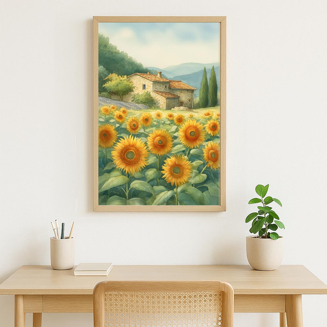 Sunflower Field With Rustic Stone Farmhouse Country Watercolor Poster - Image 4